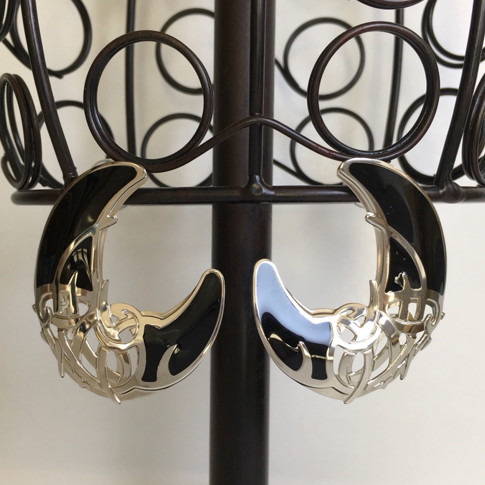 Vintage Edgar Berebi Enamel Cut Out Silver Tone & Black Pierced Earrings Large